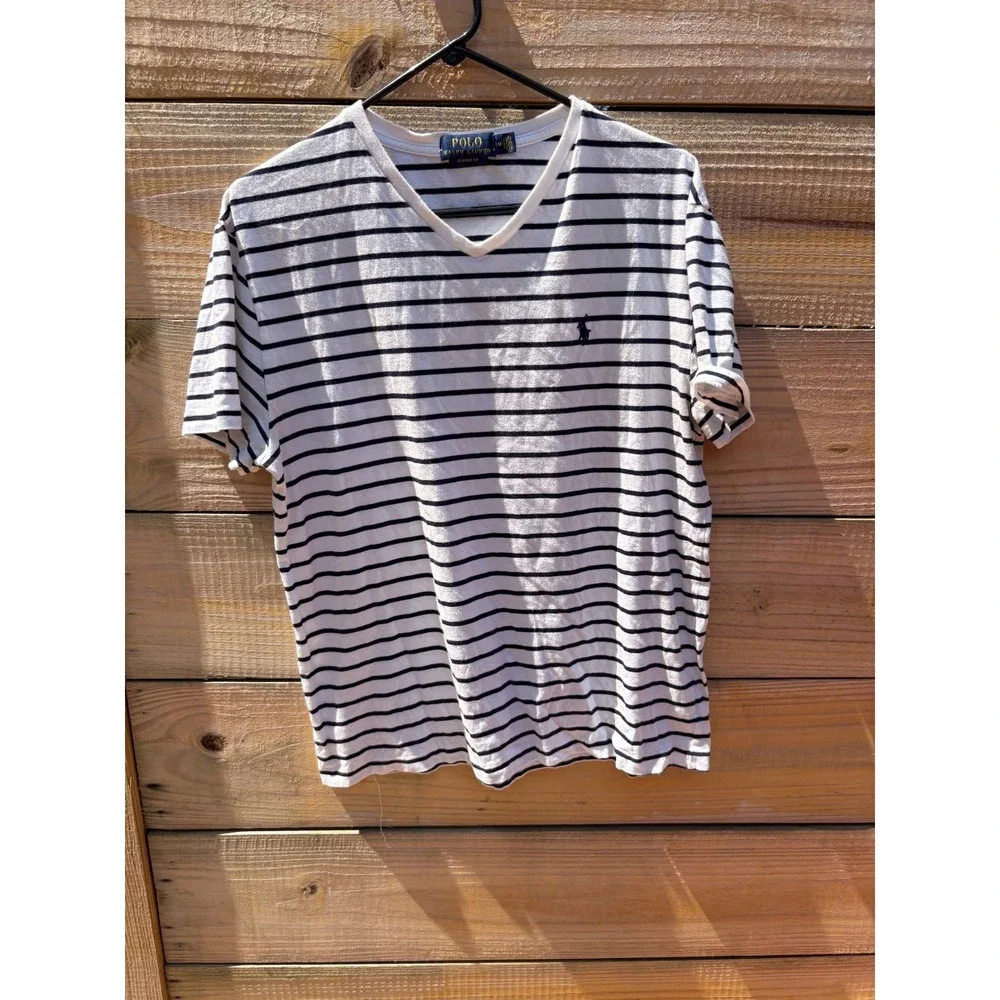 Polo Ralph Lauren Mens V-Neck T-Shirt Medium White Navy Blue Striped Classic Fit